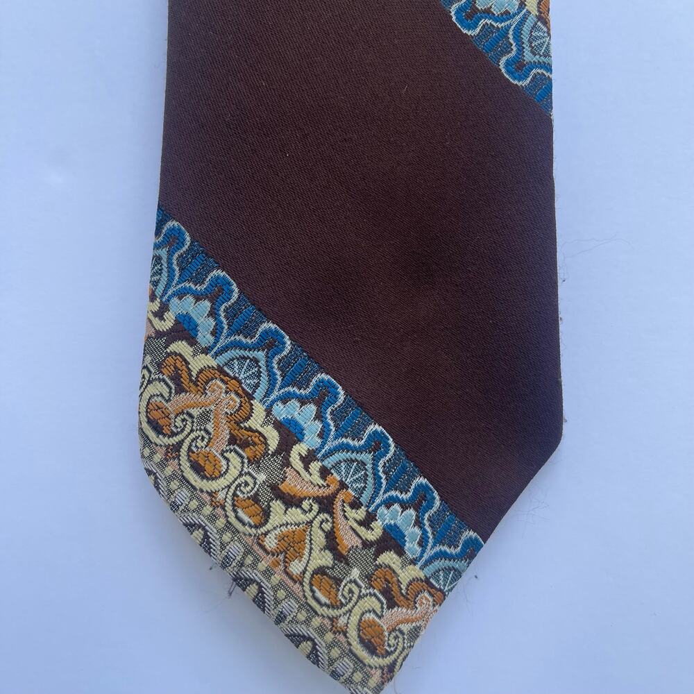 Wemlon by Wembley Mens Tie Brown Blue Gold Border Paisley Scroll Necktie Office